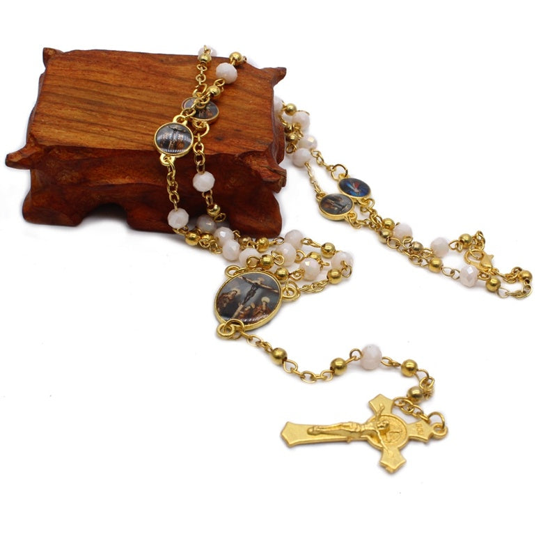 QIGO Crystal Rosary Necklace For Women Long Gold Cross Pendant Religious Jewelry QIGO Crystal Rosary Necklace For Women Long Gold Cross Pendant Religious Jewelry